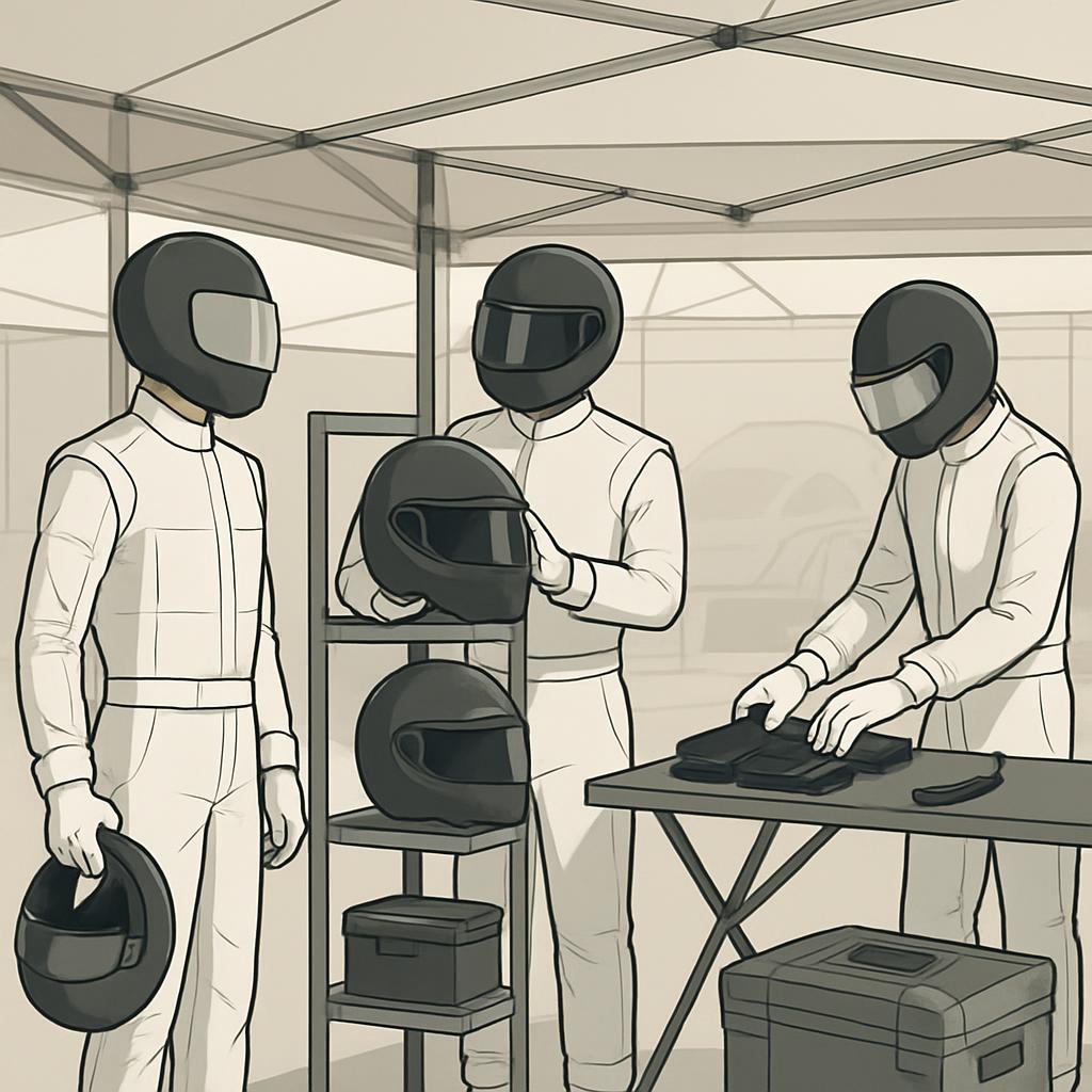 Three kart racers stand in a garage wearing jumpsuits and helmets, exchanging black helmets while the other has one in the...
