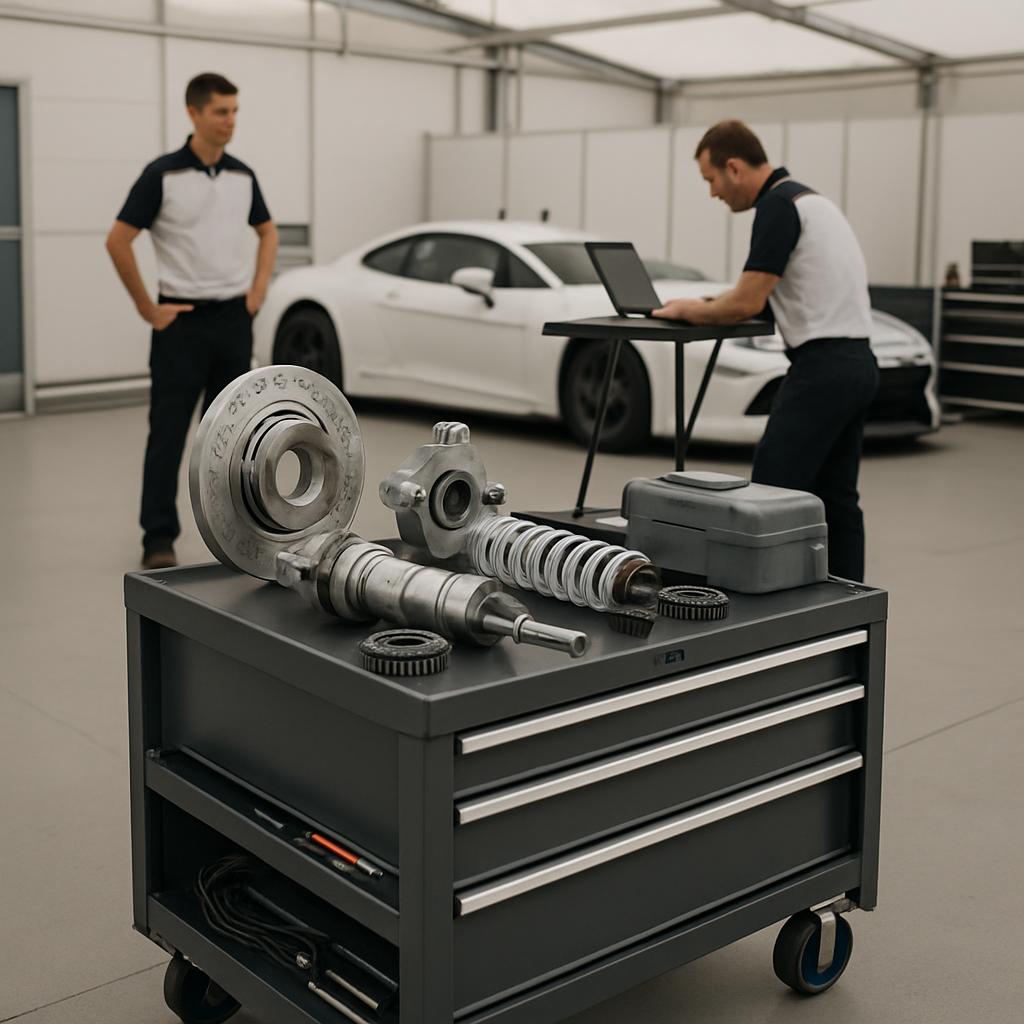 Two men in a garage work on a car's transmission gear in various states of concentric cylindrical thread merging sections ...
