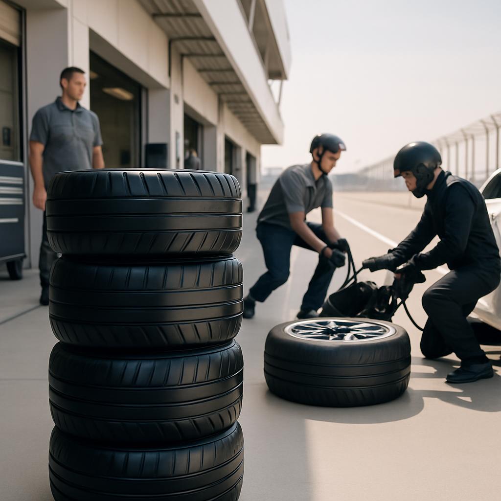 Two tire changers work alongside a white car on a racetrack to replace one of its tires. Straight ahead, each worker crouc...
